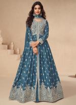 Chinnon Silk Sea Blue Wedding Wear Embroidery Work Readymade Indo Western